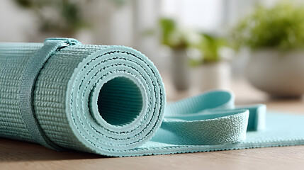 A rolled-up yoga mat in a well-lit interior setting, promoting tranquility and wellness