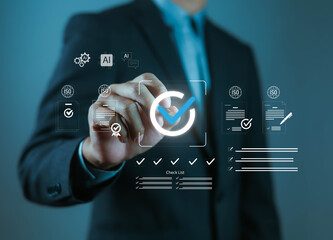 Businessman pointing at digital check mark with ISO certification icons, symbolizing quality...
