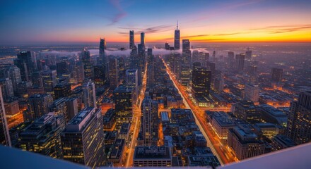 Obraz premium Majestic Sunset Over a Metropolis: Aerial Cityscape with Illuminated Skyscrapers, Streaking Traffic Lights, and Atmospheric Haze at Twilight