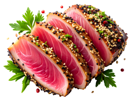 Firefly_Top-down view of a perfectly seared ahi tuna steak with sesame crust, sliced into thi
