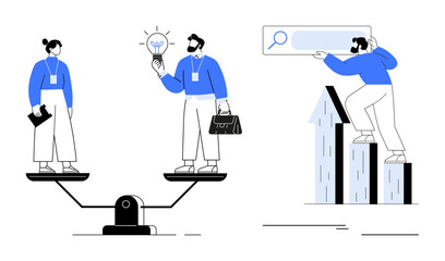 Professionals balancing on a seesaw share a light bulb idea while another climbs bars with a search bar. Ideal for teamwork, leadership, decision-making, innovation, growth, equality, strategy