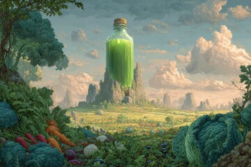 Green Juice Hot Air Balloon Over Vegetable Fields - A Surreal Landscape.