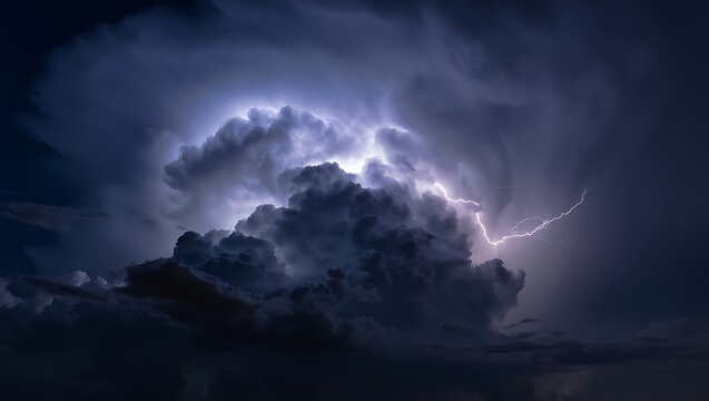 Dramatic stormy clouds with lightning strike at night