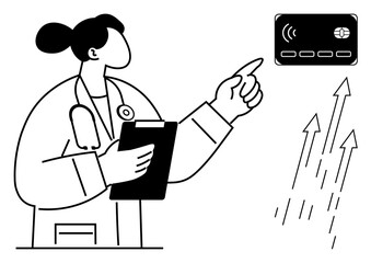 Doctor holding clipboard points at contactless card as upward arrows depict growth. Ideal for healthcare, digital finance, innovation, progress, technology, economy, teamwork. Simple flat metaphor