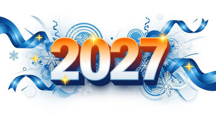 Festive 2027 new year design with blue ribbons, snowflakes, and sparkling stars isolated on white background for holiday celebrations and future events