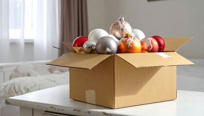 Christmas ornaments in a cardboard box