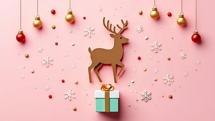 Festive Christmas background with reindeer gift and ornaments
