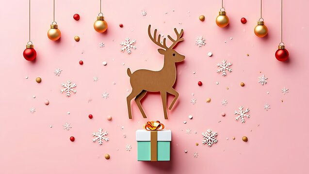 Festive Christmas background with reindeer gift and ornaments