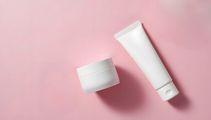 Fototapeta premium Minimalist white skincare products, cream jar and tube, elegantly arranged on soft pink background