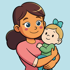 Cartoon mother holding baby illustration for parenting and motherhood themed designs and family content use