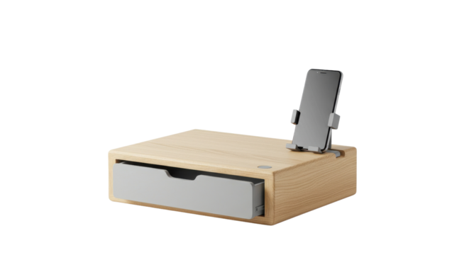 Smartphone on holder sitting on a wood desk organizer with drawer isolated PNG with Transparent Background