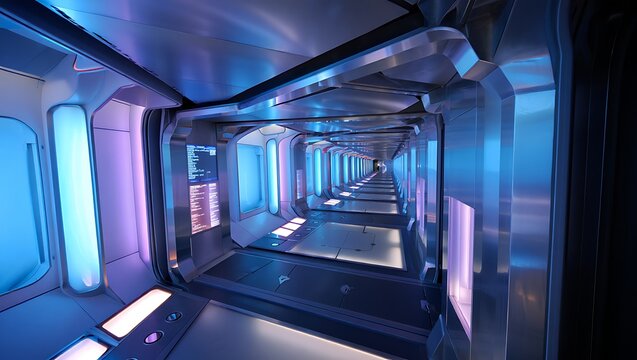 Futuristic corridor interior design with digital display panels