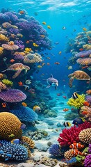 Naklejka premium A vibrant underwater scene showcases a colorful coral reef teeming with diverse marine life, including fish, turtles, and a dolphin.