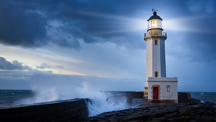 Naklejka premium Lighthouse with waves crashing on stone harbor wall