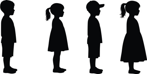 Silhouette of children standing, boy and girl in profile view, kids wearing dress and cap, childhood, family, education, school illustration
