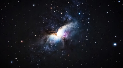 Swirling nebula cloud with glowing stars, cosmic dust, and deep space background, featuring vibrant blue and purple hues, evokes sense of wonder and mystery