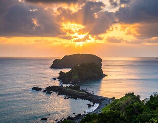 Scenic sunrise over a tranquil island cove