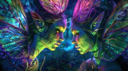 Obraz premium A neon lit fairy with vibrant, abstract wings glows in the depths of a darkened space. Her body and wings shimmer with energetic neon light patterns.