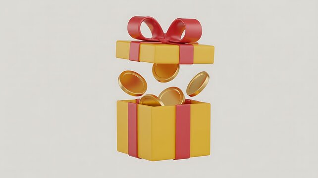 Open yellow gift box with red ribbon and golden coins 3D render
