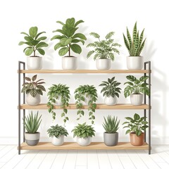 Modern Indoor Plant Shelf with Varied Green Houseplants in White Pots on Wooden Rack

