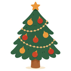 Traditional xmas tree decorated with festive baubles, garland and star for winter holidays. Festive holiday flat vector illustration isolated on white background