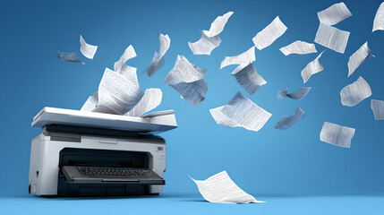 A printer ejects many sheets of paper that are flying and scattered in the air.
