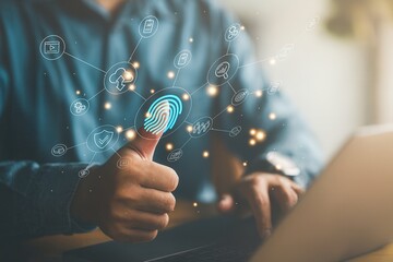 Fingerprint scan for biometric authentication,digital security access control concept,thumbs up approval gesture with futuristic interface icons in modern technology network