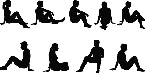 Silhouette people sitting on ground, relaxing poses, men and women in casual sitting positions, black shadow figures isolated on white