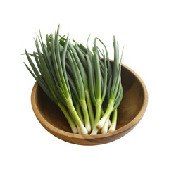 Fresh green onions in a wooden bowl against a ready for cooking.