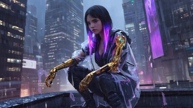 Cyberpunk Woman with Bionic Arm in a Futuristic City