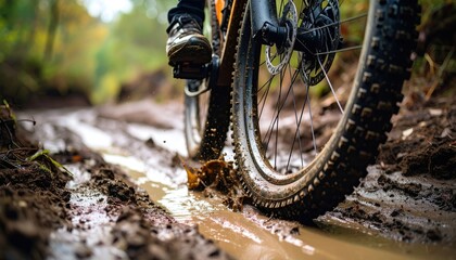 Mountain Bike Tires Gripping Muddy Trail Surface in Forest Setting with Golden Light and Tire Tread Detail near Footwear