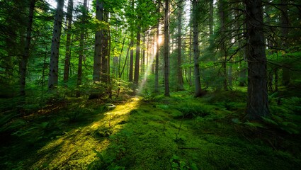 Fototapeta premium Sunlight Streaming Through Green Forest Landscape Photography