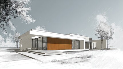 Architectural rendering of a modern, single-story home with a flat roof, large windows, and a wood-paneled accent wall, situated in a lightly sketched landscape with trees and a hint of water feature