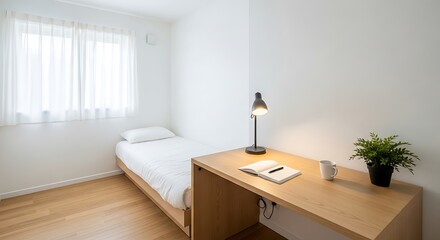 Fototapeta premium Cozy and minimalist bedroom with a wooden desk, plant, and natural light, perfect for studying or relaxing