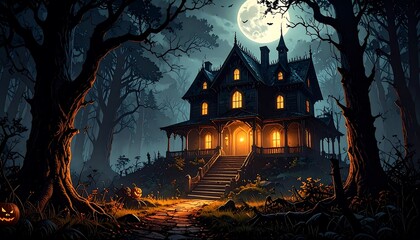 Haunted mansion at night in a spooky forest