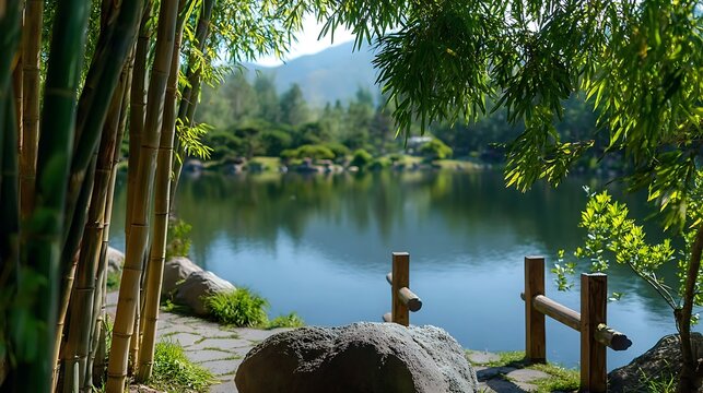   Peaceful Serene Japanese Garden Landscape With bambo