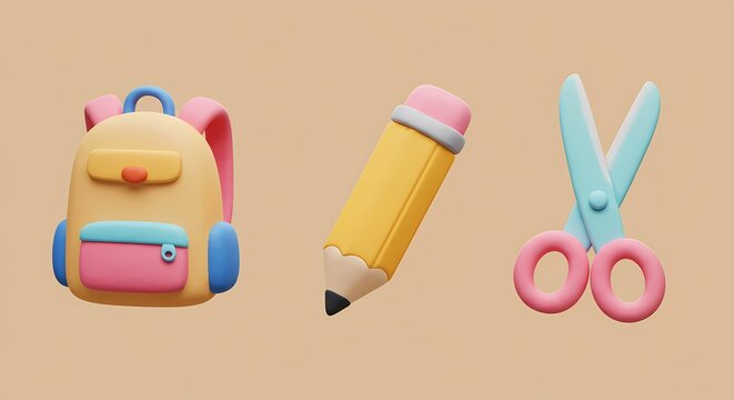 A vibrant 3D collection of educational essentials featuring a cheerful backpack, iconic yellow pencil, and colorful scissors, ideal for back-to-school promotions and learning themes