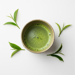 Cup of Matcha With Green Tea Leaves, on an Isolated White Background.