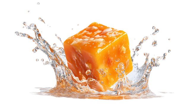 Orange cube splashing into water isolated on transparent background.