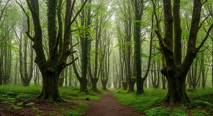 Naklejka premium A path winds through a dense, misty forest, filled with ancient, moss-covered trees, bathed in soft, ethereal light.