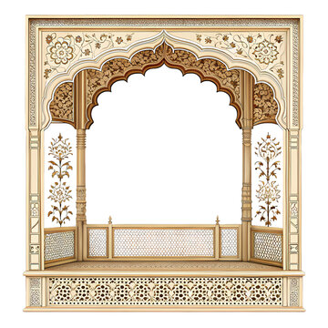 Intricate Indian or Islamic archway with beautiful carvings and geometric patterns, isolated on a transparent background.