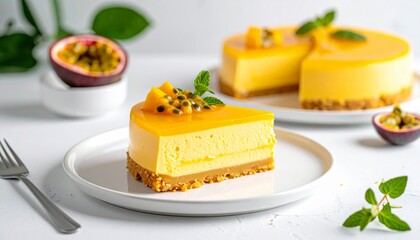 An exotic and delicate piece of mango passionfruit mousse cake bursting with golden