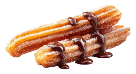 Two churros coated in powdered sugar and drizzled with chocolate
