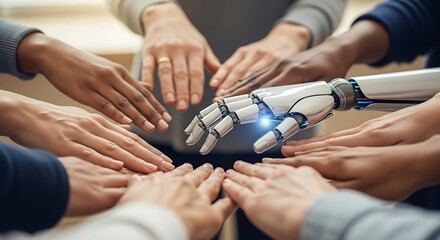Diverse hands joined in a circle with a robotic arm extending towards them, symbolizing collaboration and the future of work.