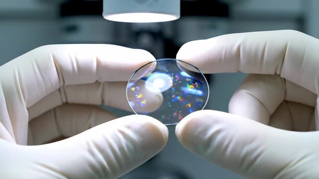 Precision engineering in optics A scientist in sterile gloves carefully inspects an advanced, iridescent lens in a high-tech laboratory