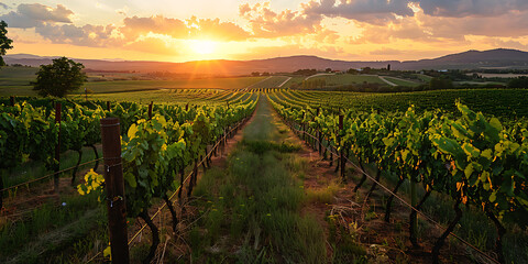 Fototapeta premium Golden sunset illuminates lush vineyard rows stretching towards rolling hills.