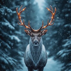Naklejka premium Magical Reindeer in Snowy Forest with Christmas Lights on Antlers
