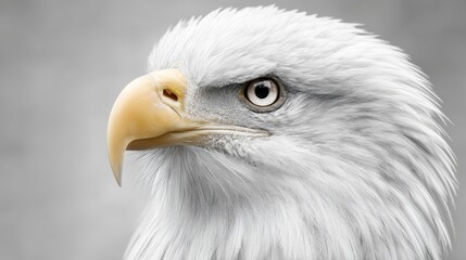 Fototapeta premium Majestic bald eagle intensely observing keenly against a blurred grey background