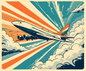 Vintage airplane soaring through vibrant sky with retro stripes and fluffy clouds for travel designs