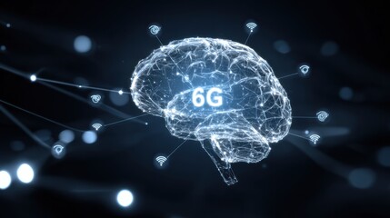A futuristic digital brain representing advanced technology like 6G, interconnected with glowing nodes.